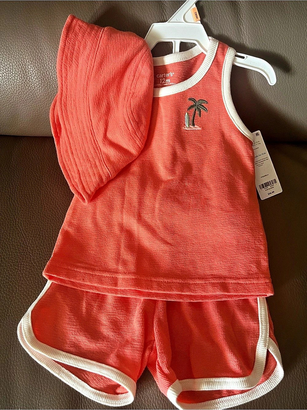 NWT Carter's 3-Piece Coral Terry Cloth Summer Set - Tank, Shorts & Hat 12M